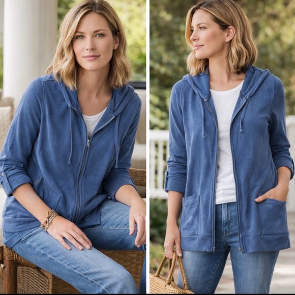 J. Jill Jackets & Blazers - J. Jill Blue Zip-Up Hooded Jacket | Lightweight Casual Hoodie Layer | Size Large